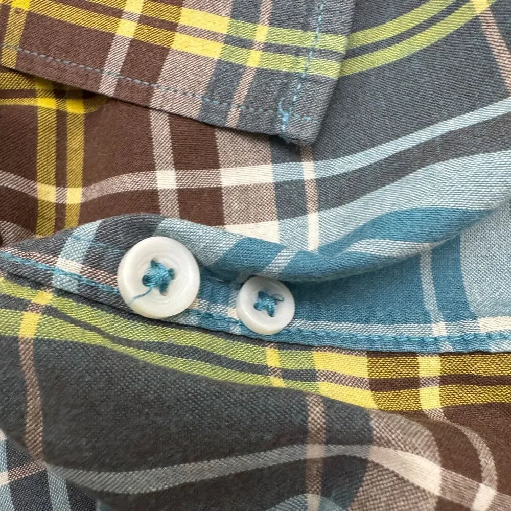 J.Crew Indian Madras Button Down Shirt Mens XL Blue Brown Plaid Cotton Casual